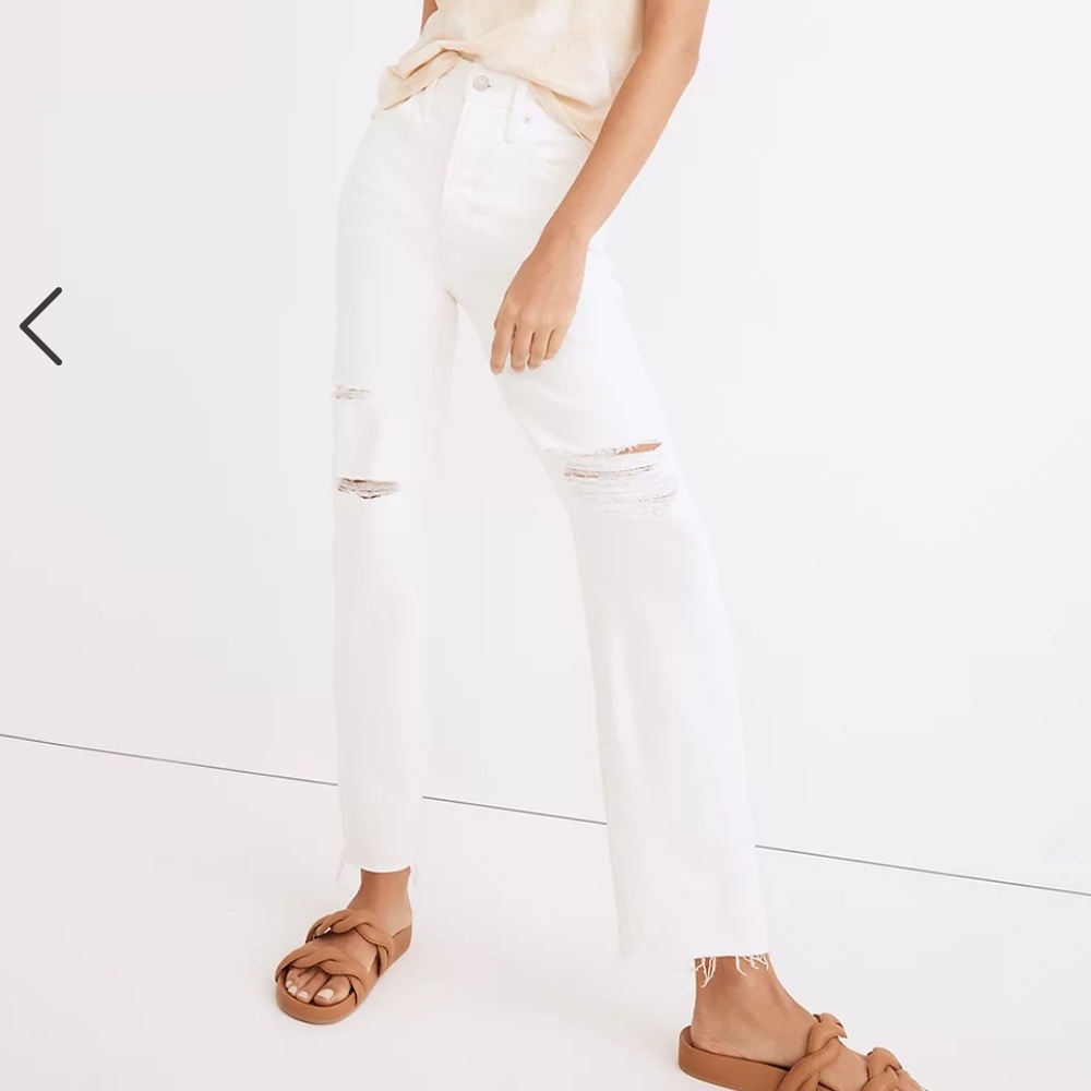 Madewell The Perfect Vintage Straight Jean in Tile White: Ripped-Knee Edition